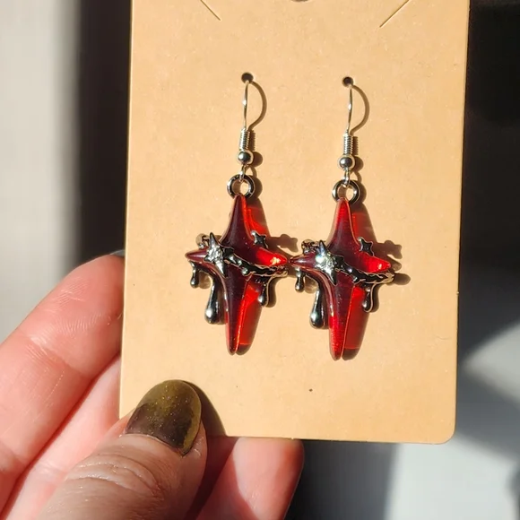 Whimsigoth Red Resin And Metal Star Earrings - Picture 7 of 9